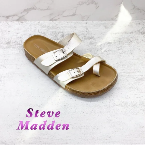 Steve Madden-Metallic Gold Cork Flat Sandals Y13 - Picture 1 of 6